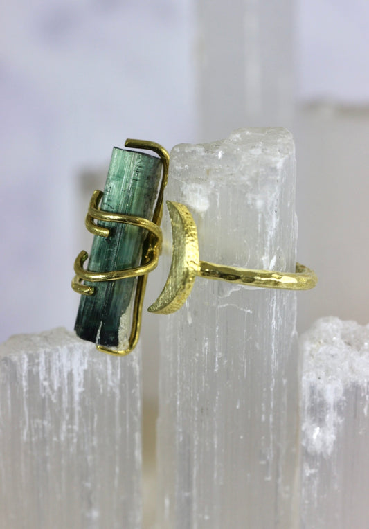 Green Tourmaline Crystal Moon Ring
