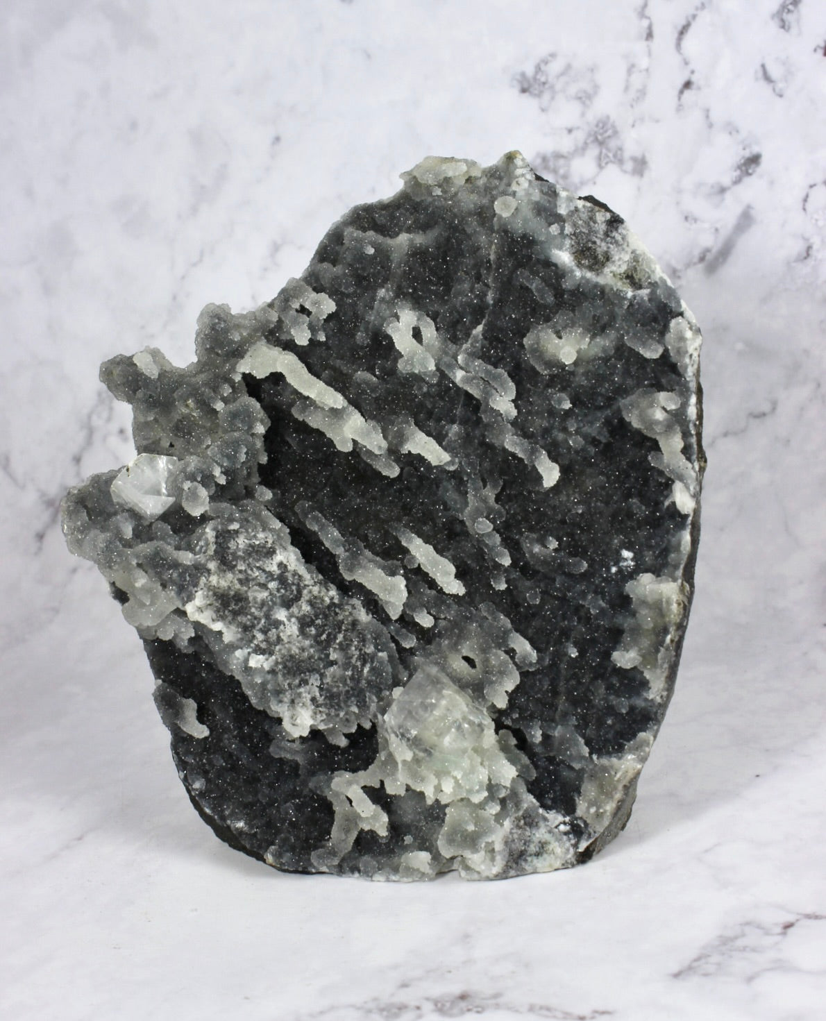 Apophyllite on Druzy Black Chalcedony