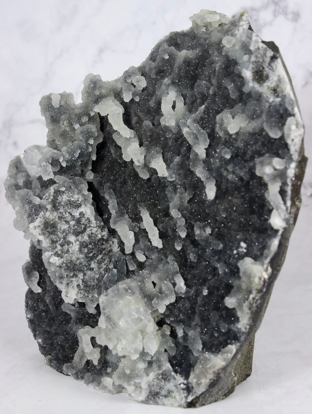Apophyllite on Druzy Black Chalcedony