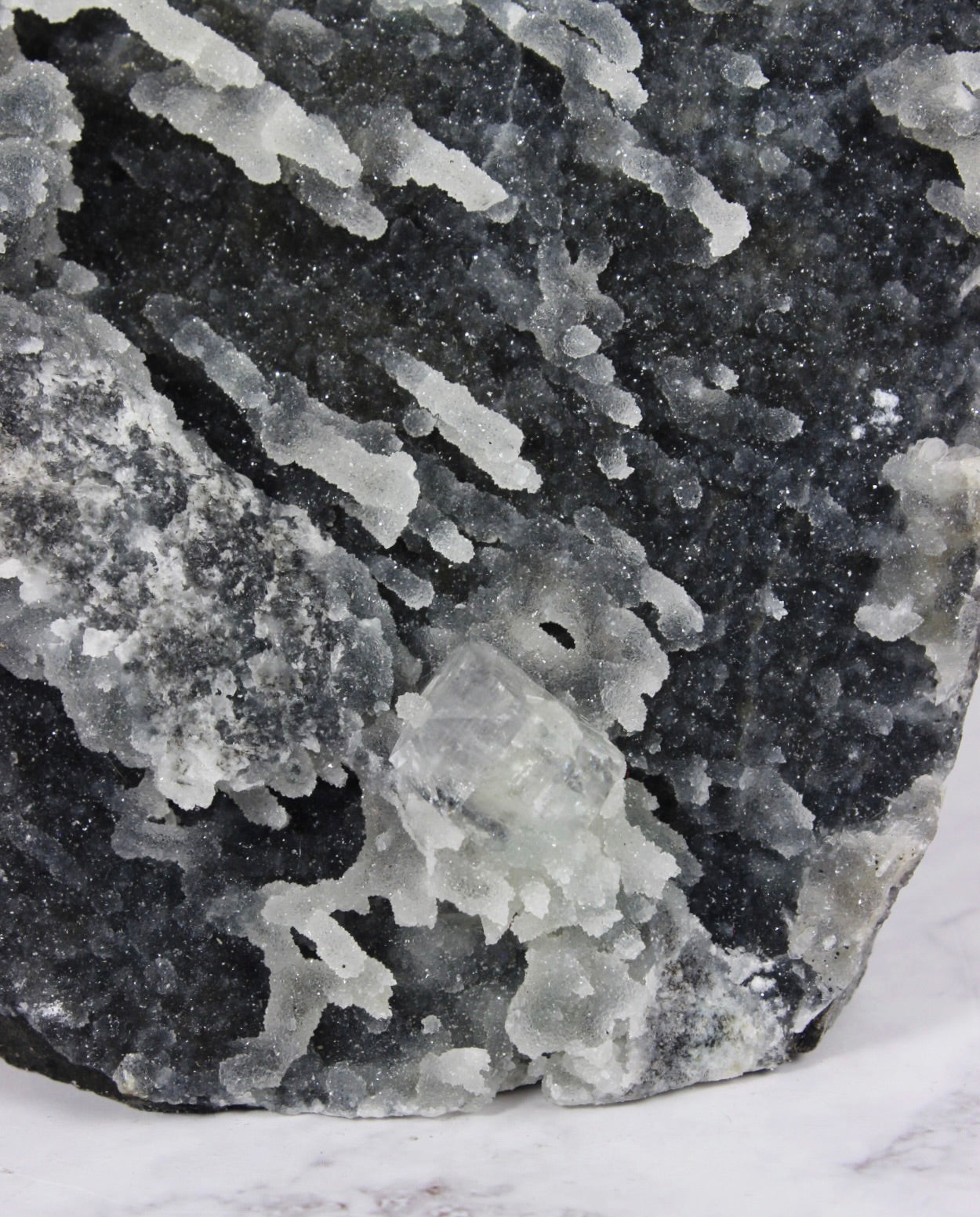Apophyllite on Druzy Black Chalcedony