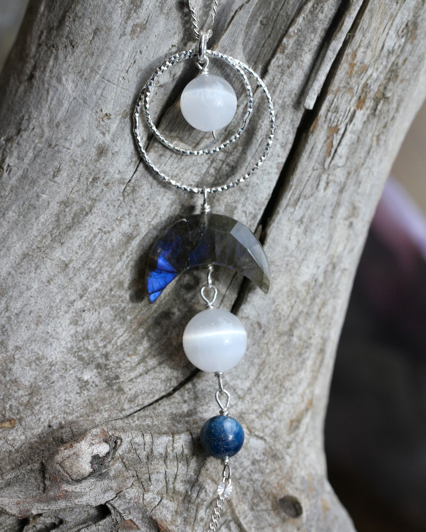 Labradorite Selenite Kyanite Moon Goddess Silver Necklace