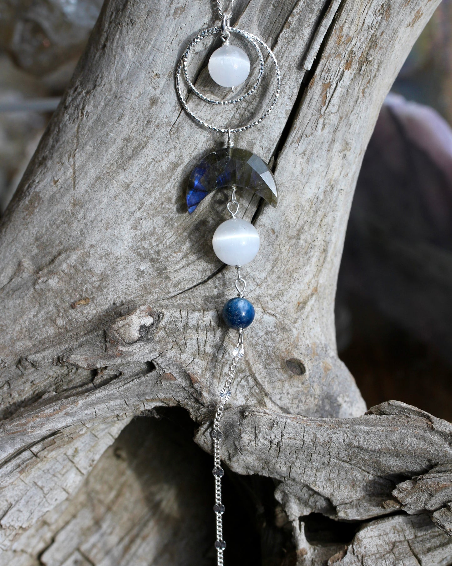Labradorite Selenite Kyanite Moon Goddess Silver Necklace