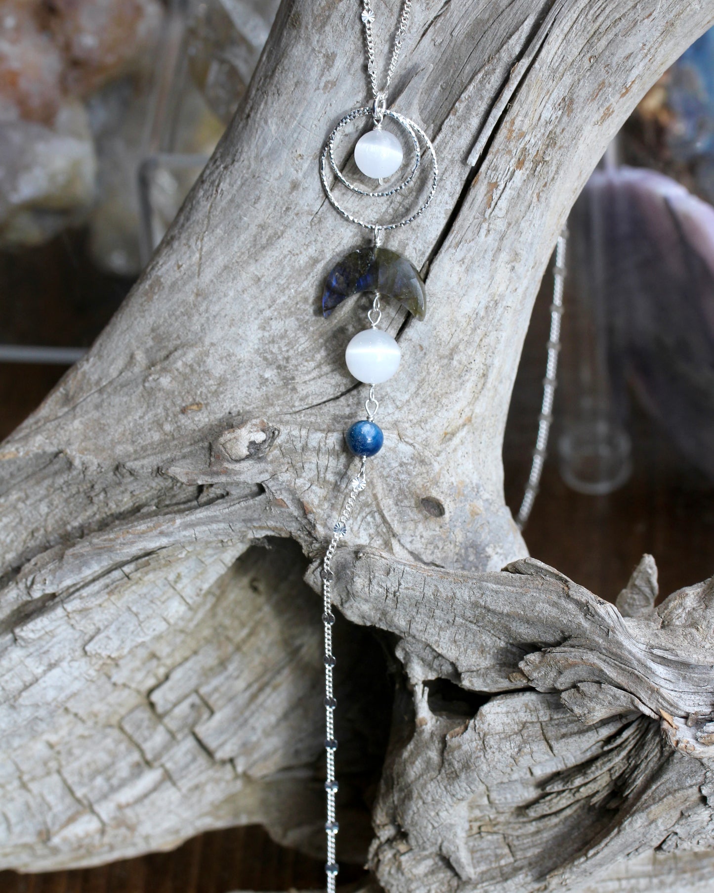 Labradorite Selenite Kyanite Moon Goddess Silver Necklace