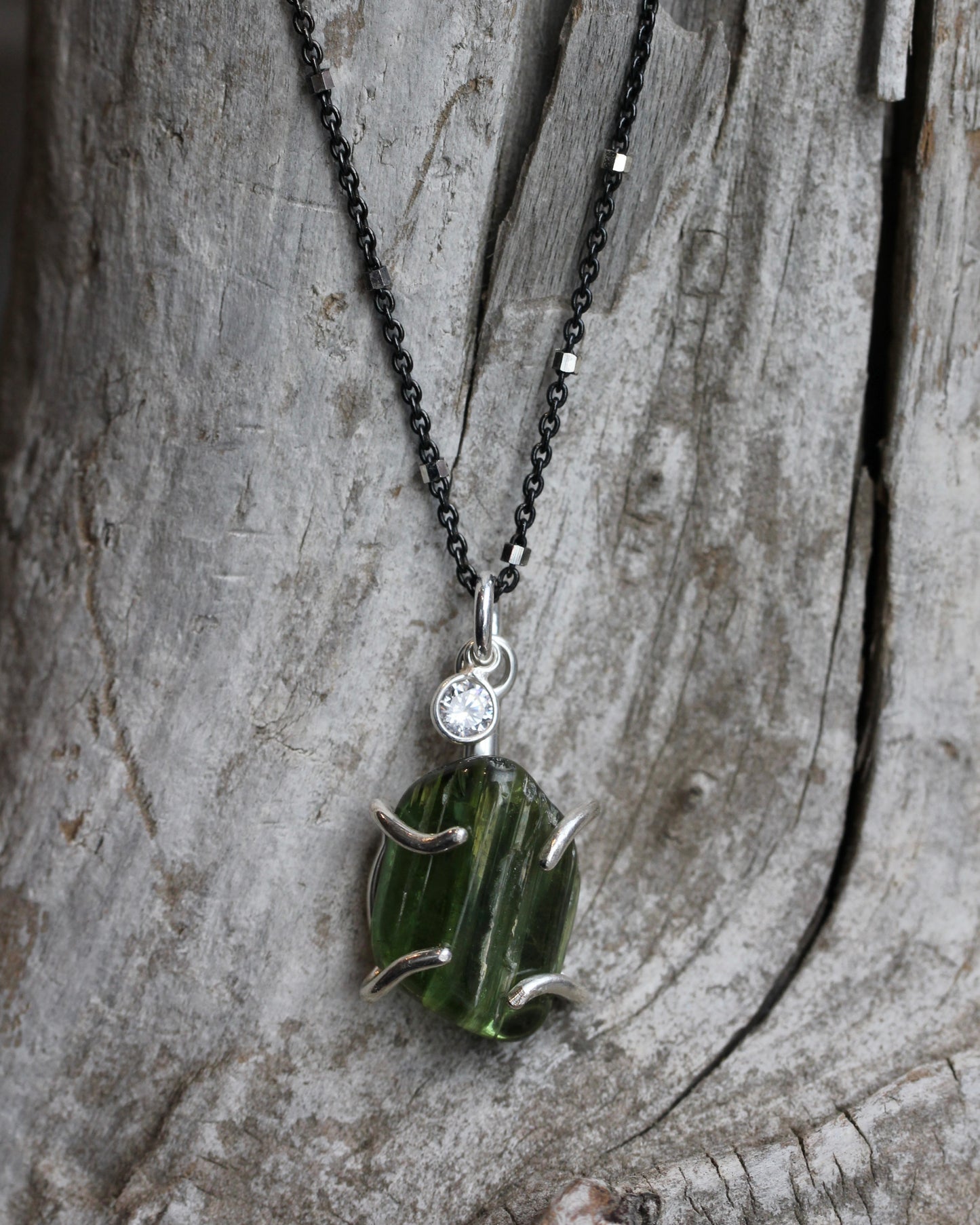 Green Tourmaline Black and Silver Necklace