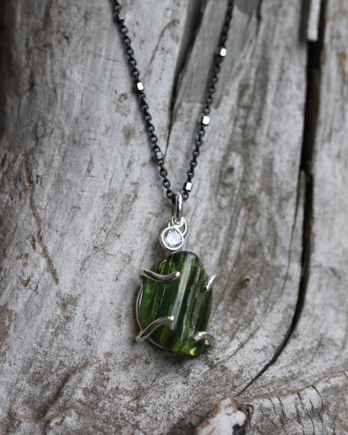 Green Tourmaline Black and Silver Necklace