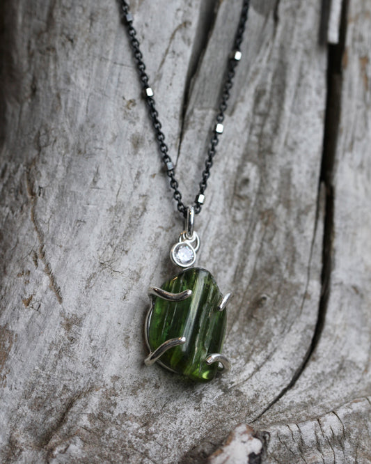 Green Tourmaline Black and Silver Necklace