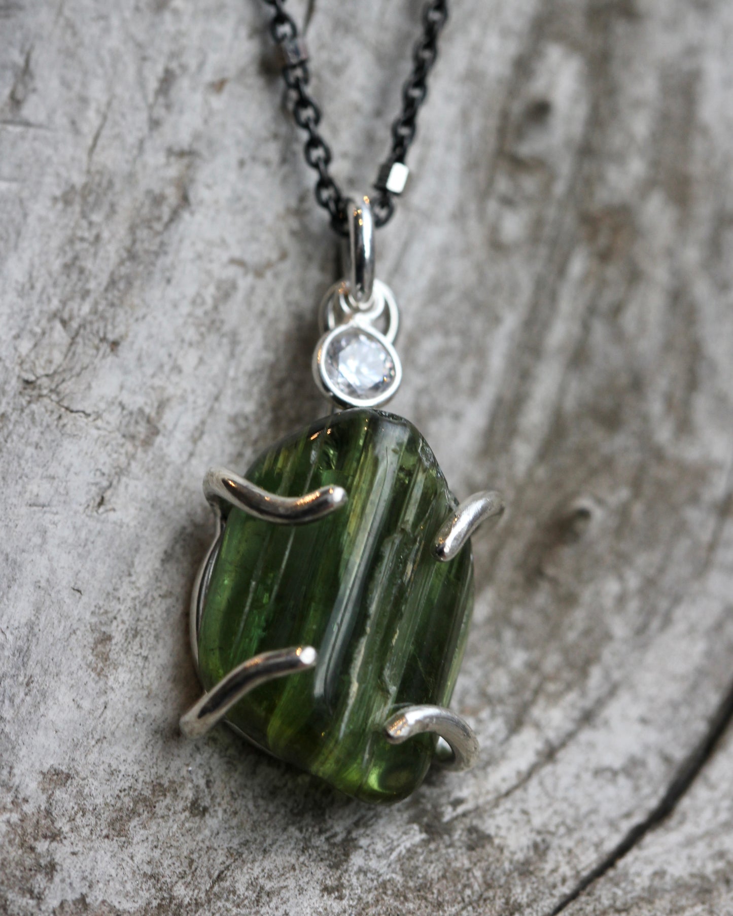 Green Tourmaline Black and Silver Necklace