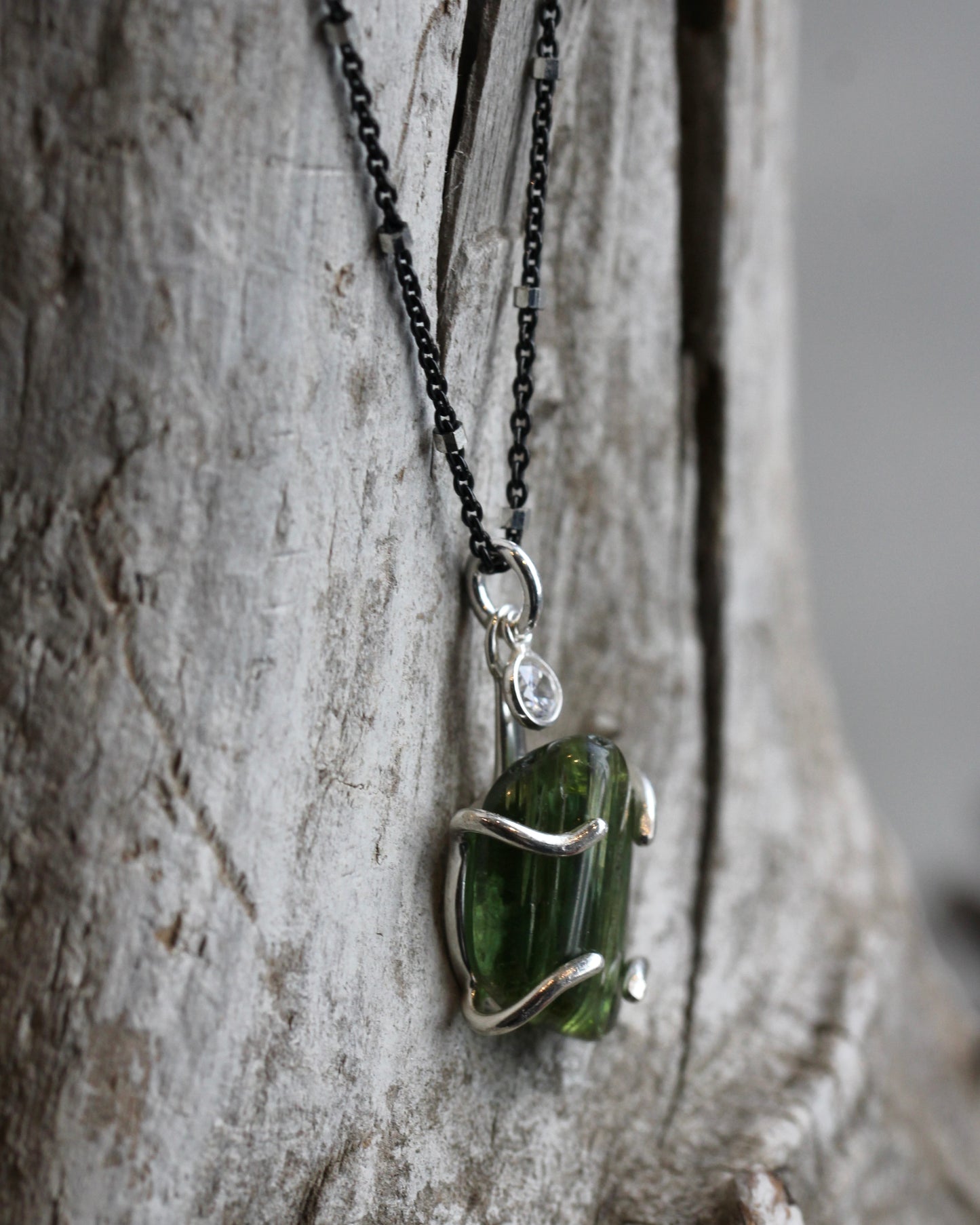 Green Tourmaline Black and Silver Necklace