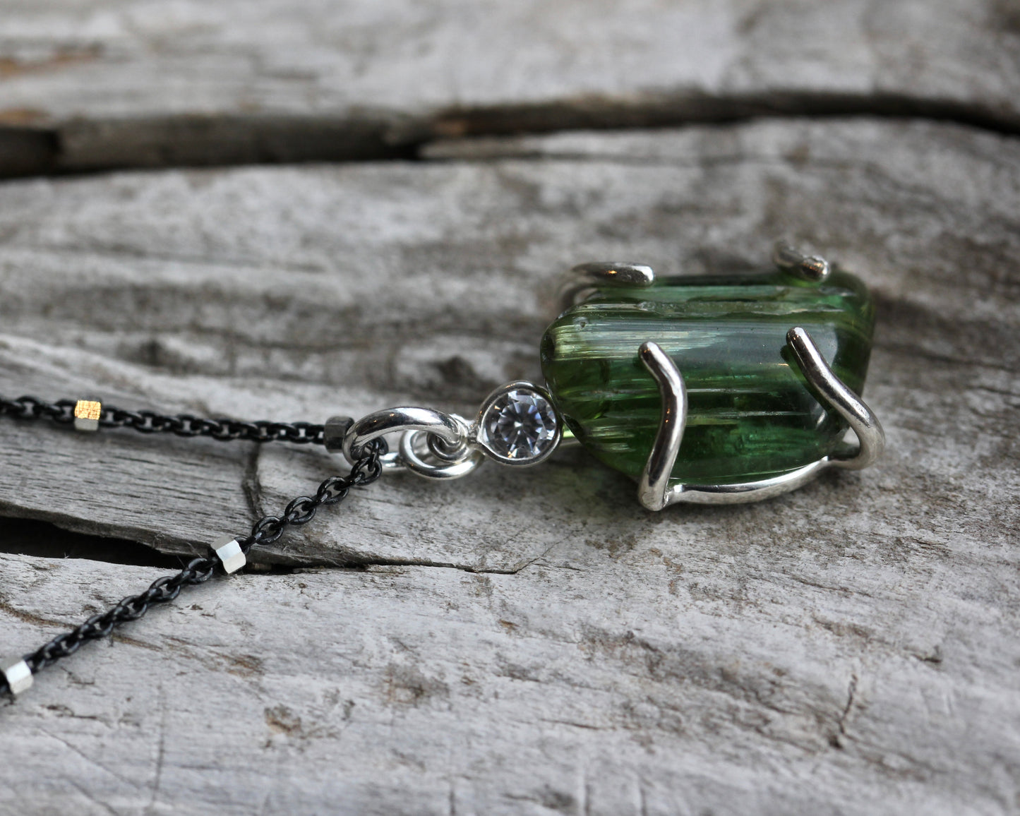Green Tourmaline Black and Silver Necklace