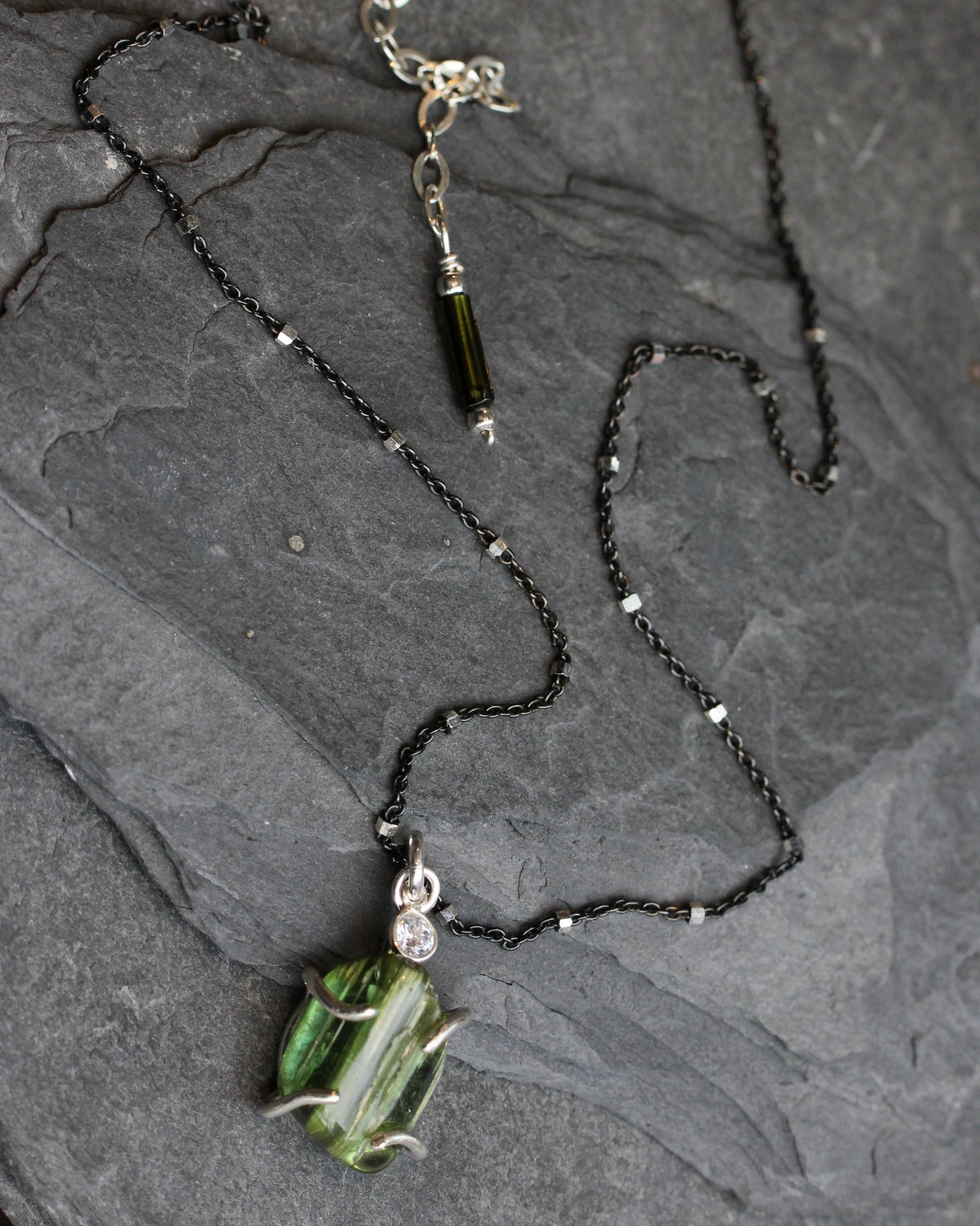 Green Tourmaline Black and Silver Necklace