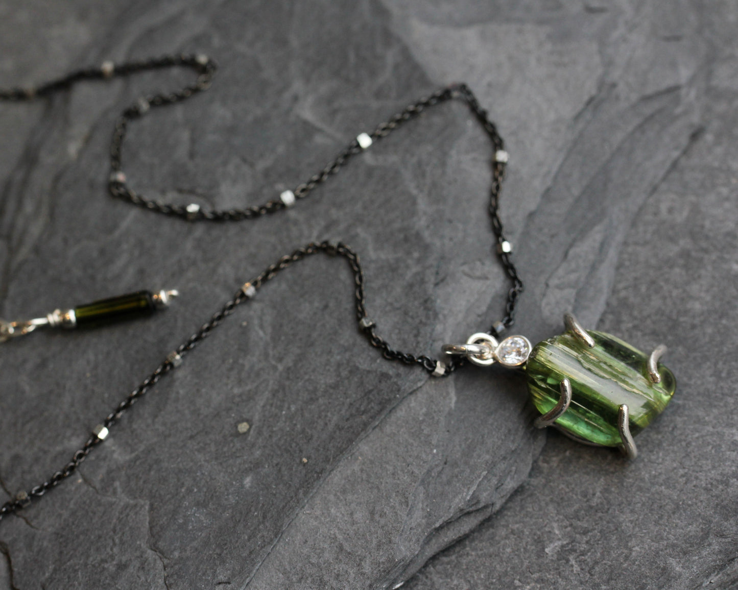 Green Tourmaline Black and Silver Necklace