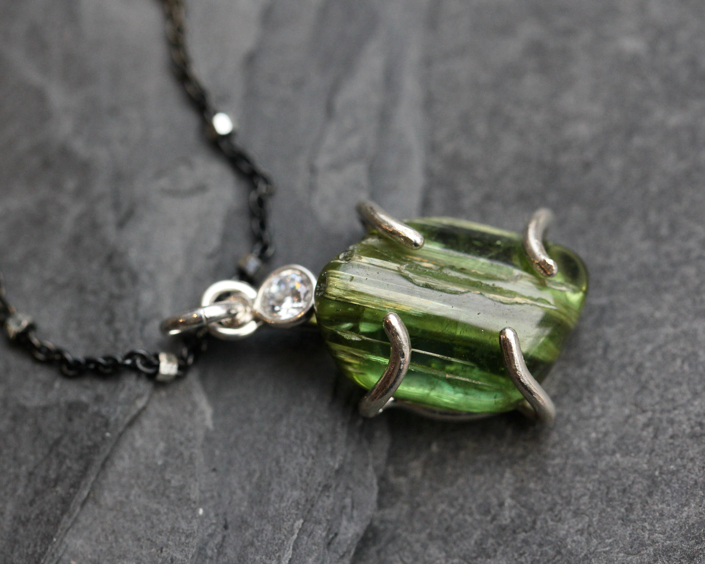 Green Tourmaline Black and Silver Necklace