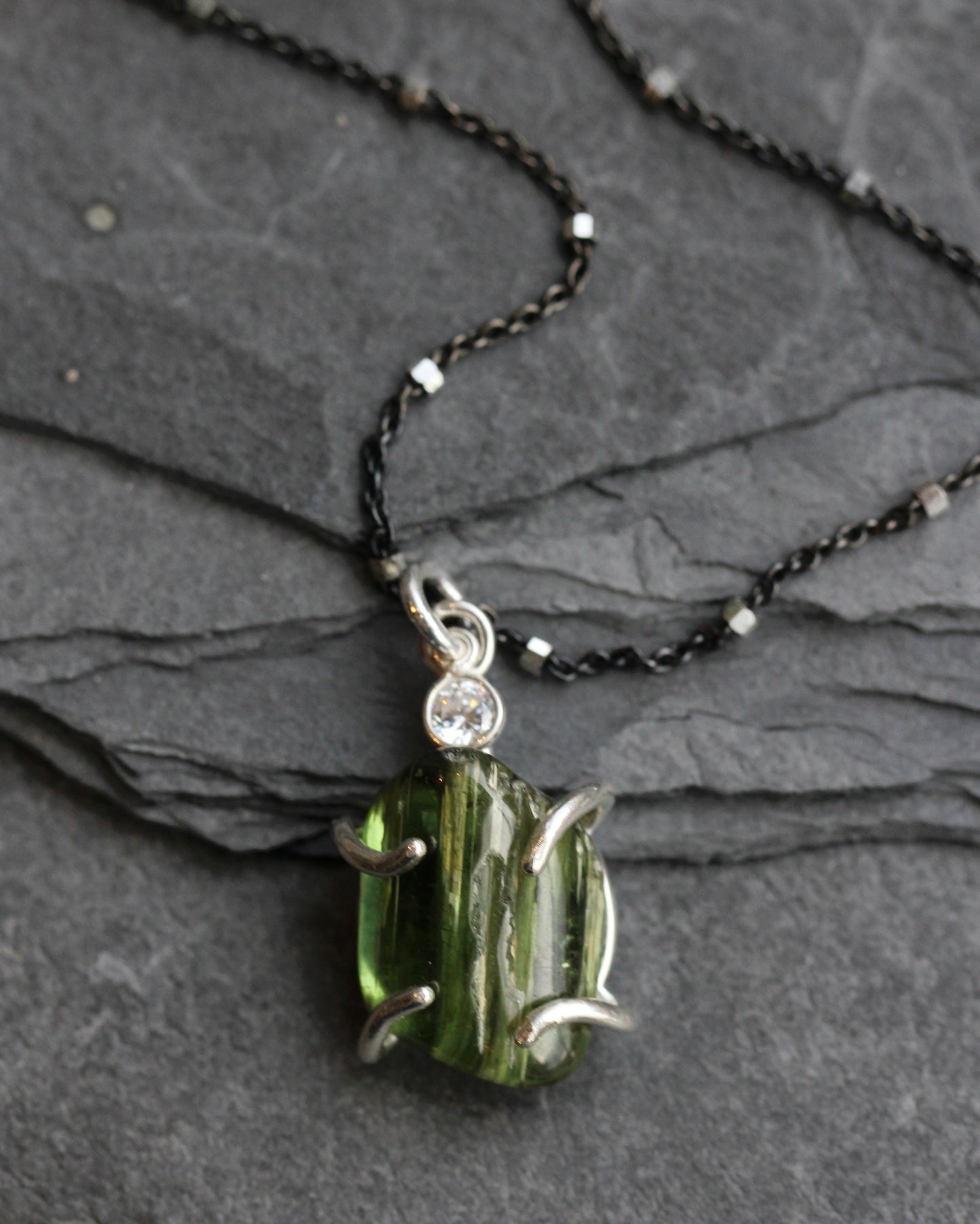 Green Tourmaline Black and Silver Necklace