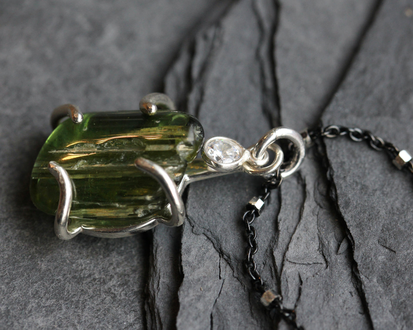 Green Tourmaline Black and Silver Necklace