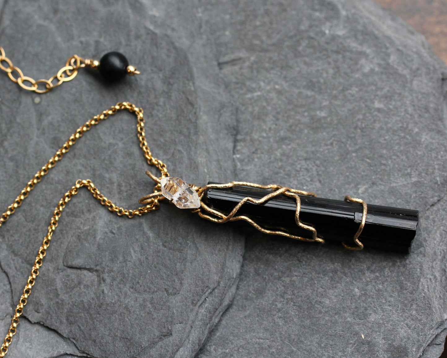 Black Tourmaline Crystal Pendant with Herkimer Diamond