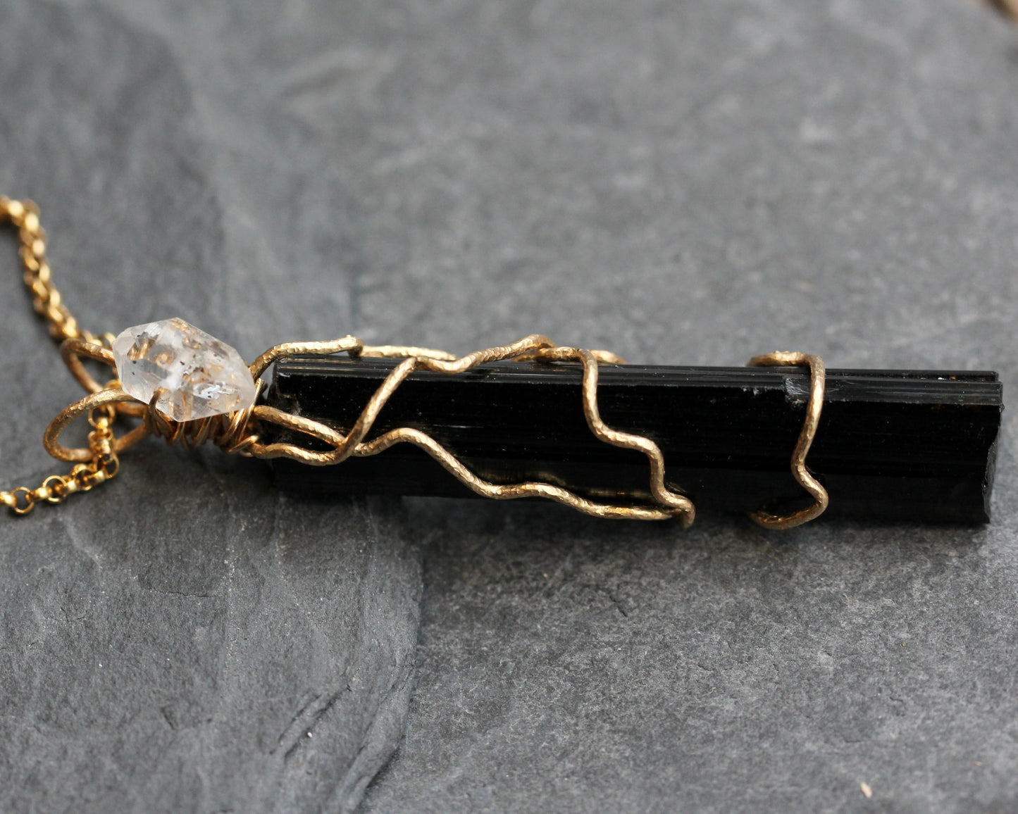 Black Tourmaline Crystal Pendant with Herkimer Diamond