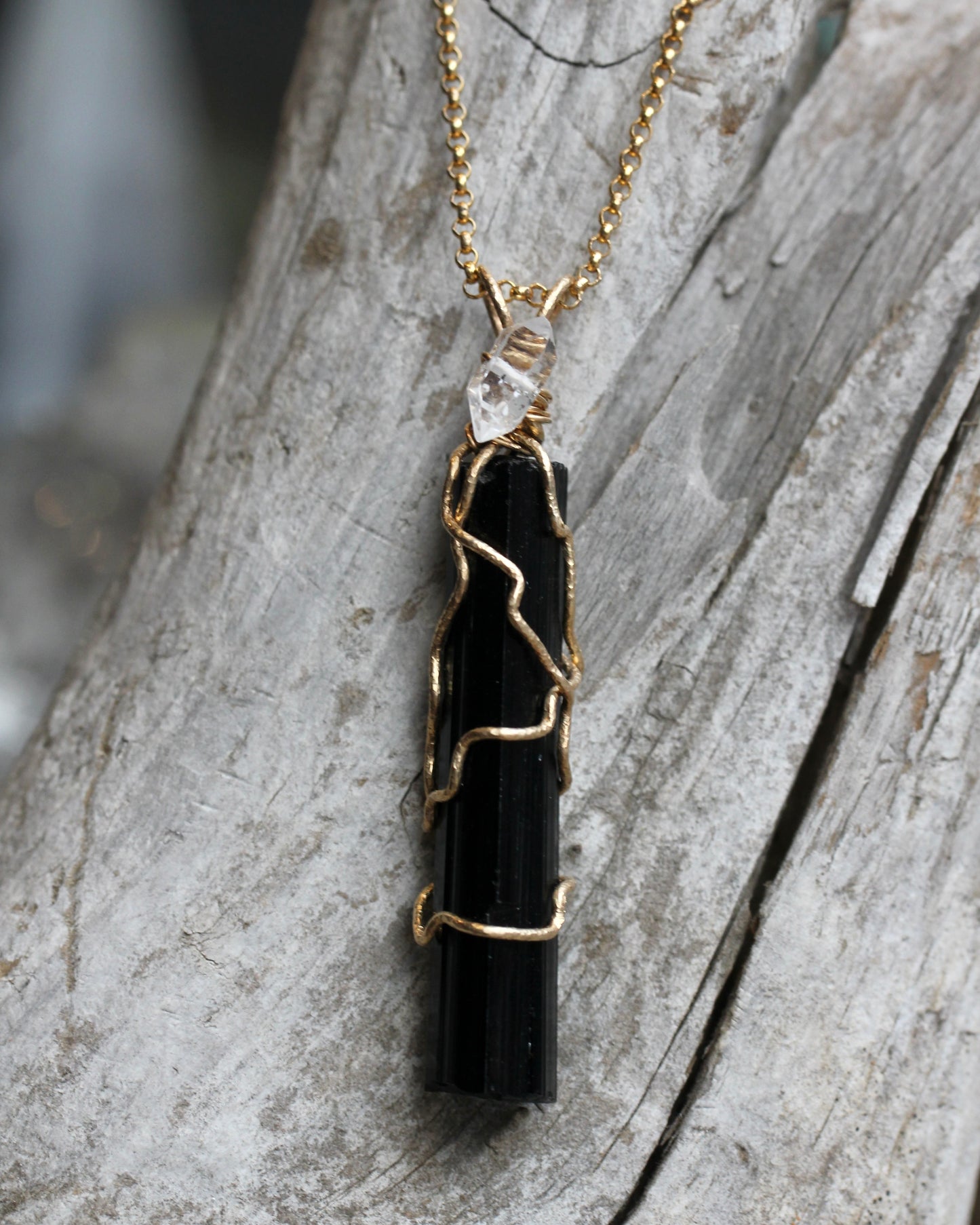 Black Tourmaline Crystal Pendant with Herkimer Diamond