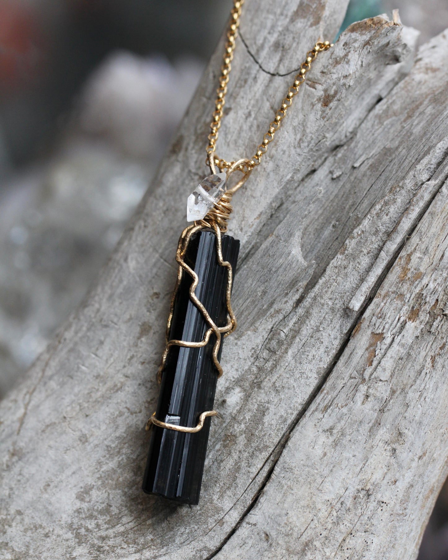 Black Tourmaline Crystal Pendant with Herkimer Diamond