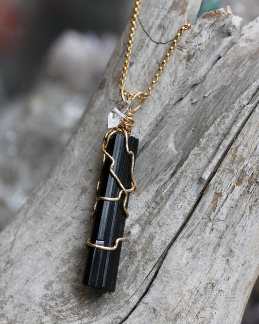 Black Tourmaline Crystal Pendant with Herkimer Diamond