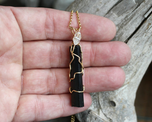 Black Tourmaline Crystal Pendant with Herkimer Diamond