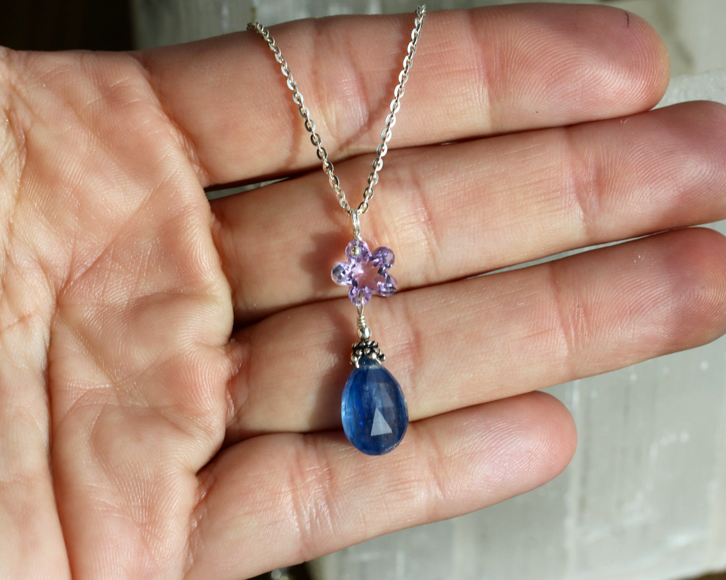 Kyanite Amethyst Flower Necklace