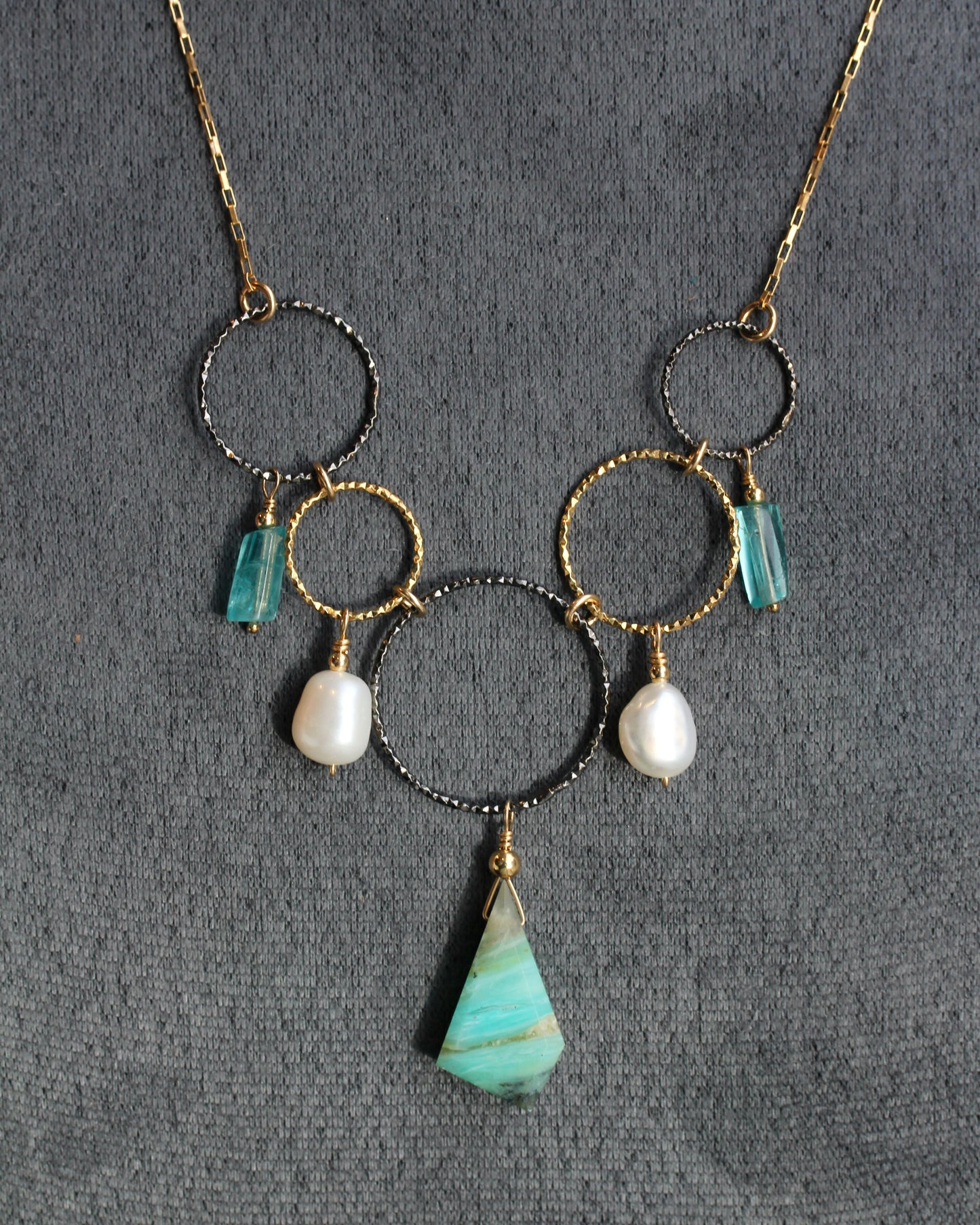 Peruvian Opal Pearl Apatite Black and Gold Ring Necklace