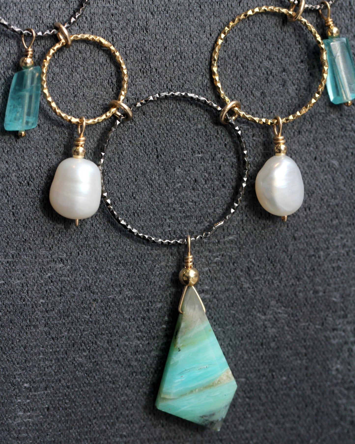 Peruvian Opal Pearl Apatite Black and Gold Ring Necklace