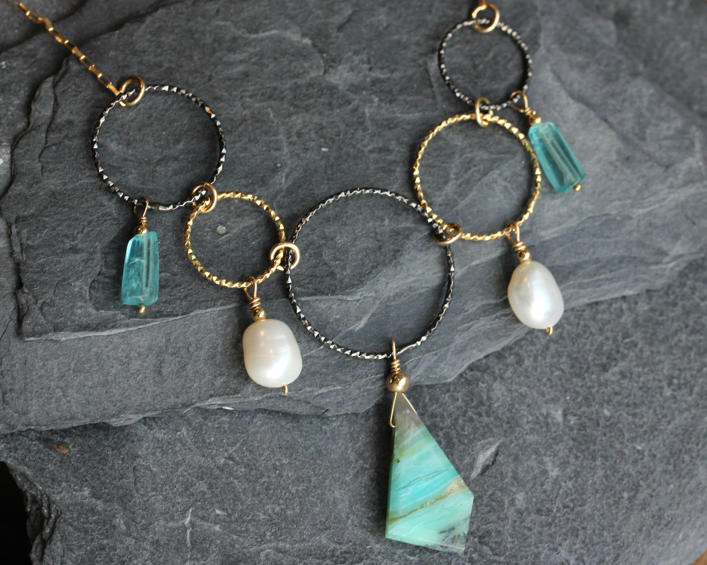 Peruvian Opal Pearl Apatite Black and Gold Ring Necklace
