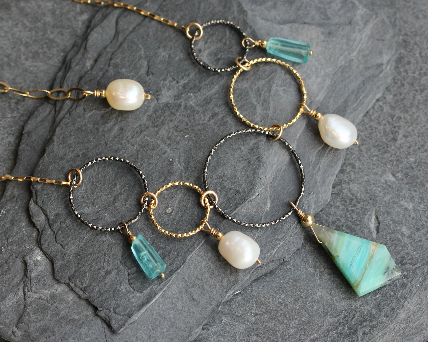 Peruvian Opal Pearl Apatite Black and Gold Ring Necklace