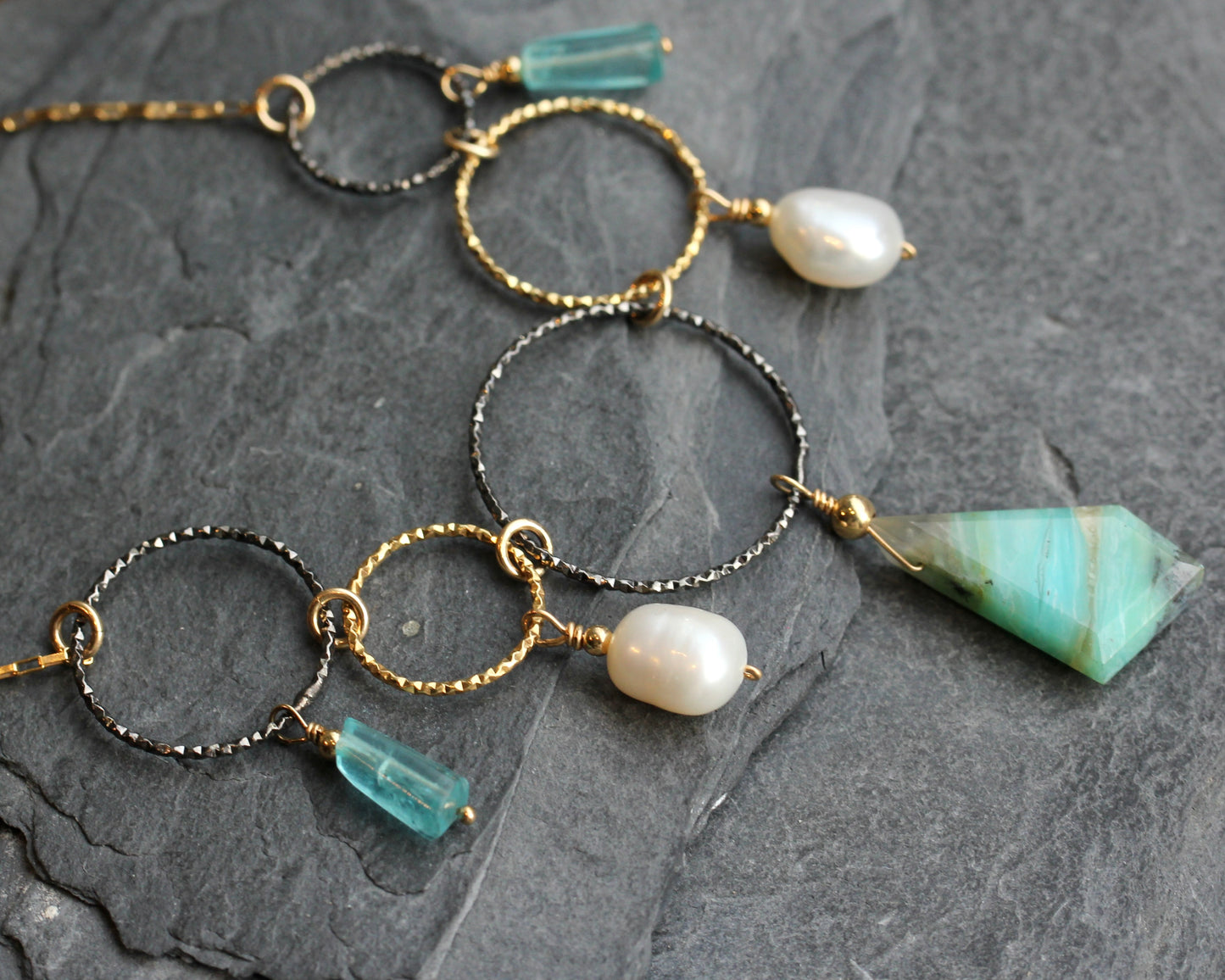 Peruvian Opal Pearl Apatite Black and Gold Ring Necklace