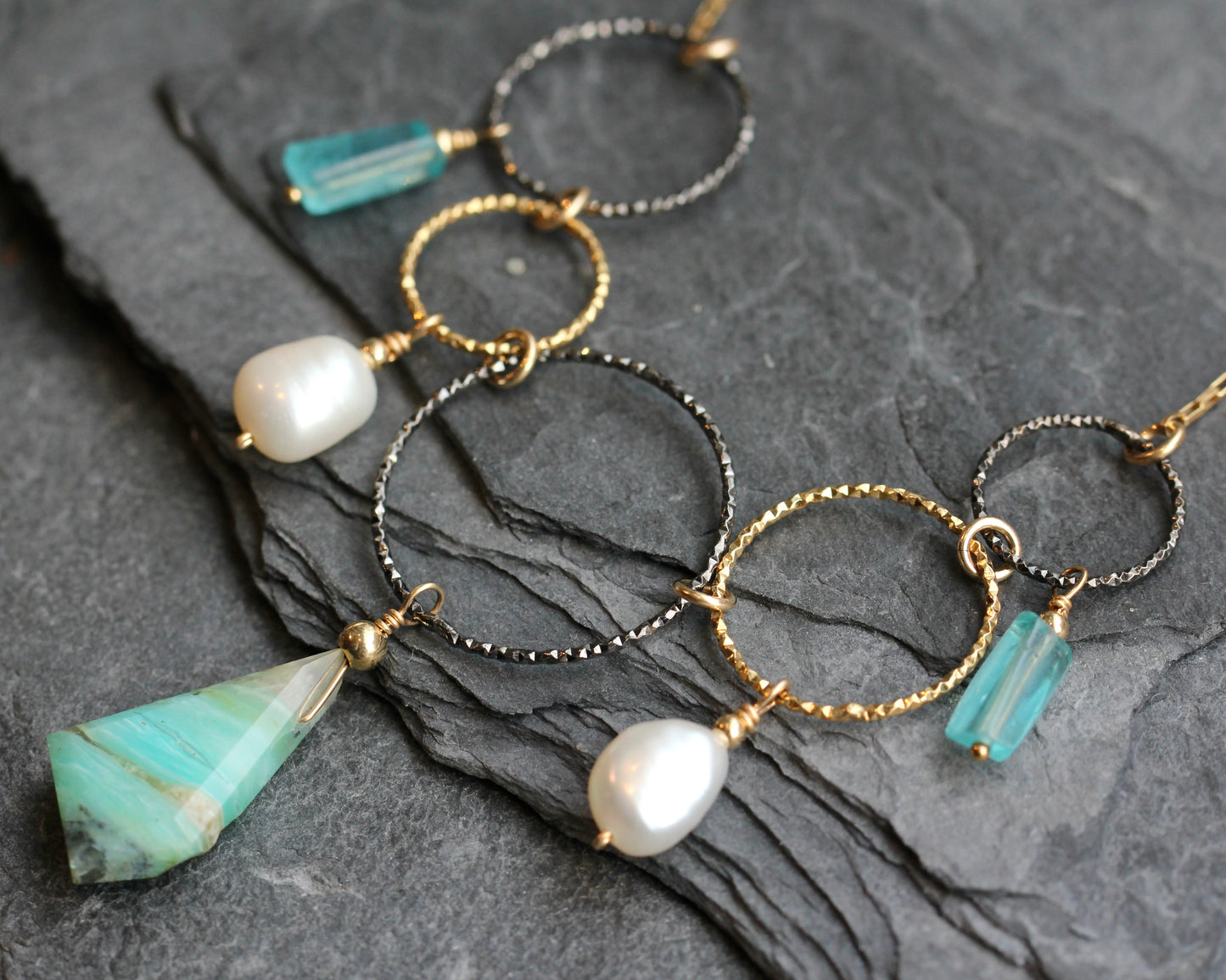 Peruvian Opal Pearl Apatite Black and Gold Ring Necklace