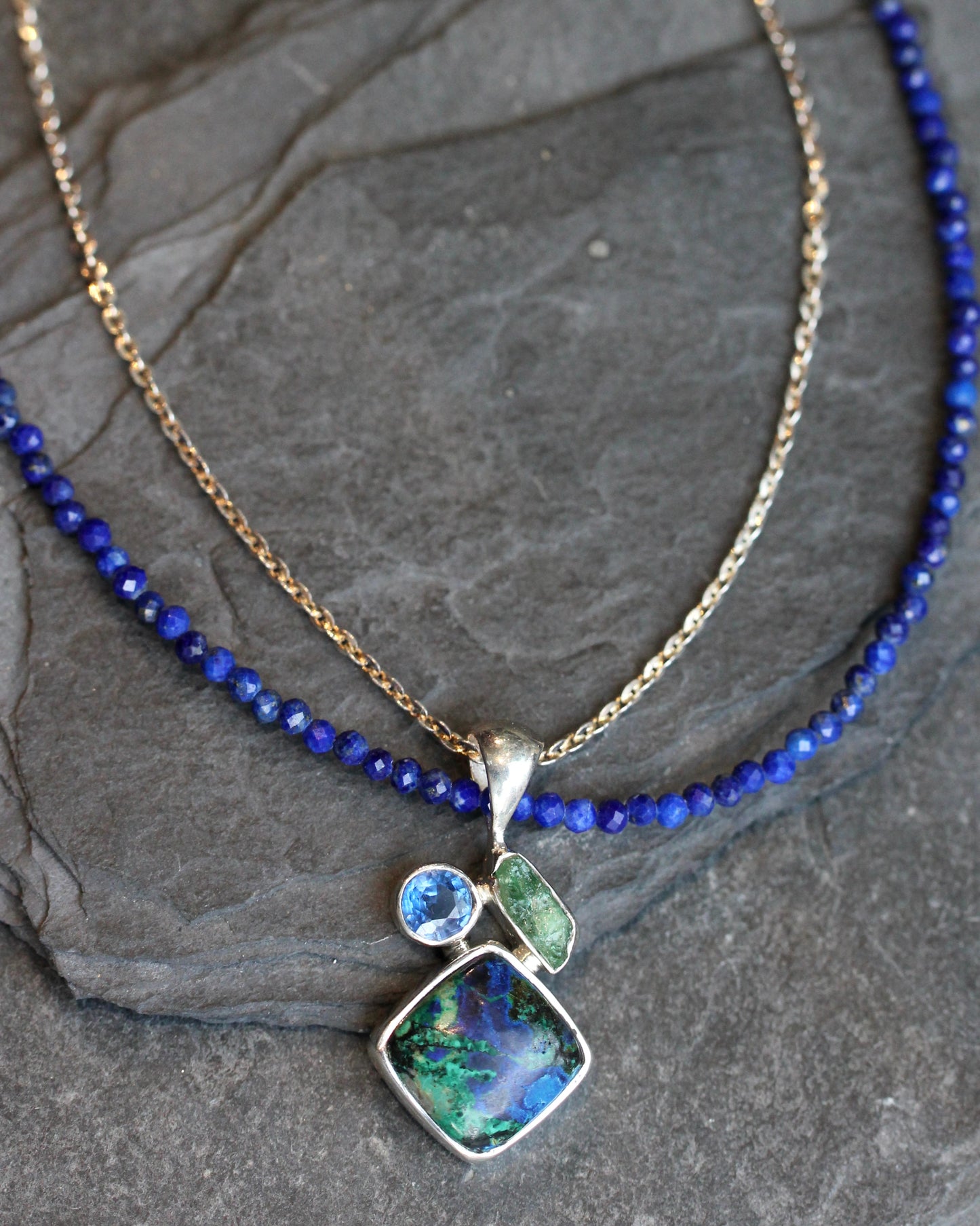 Azurite Malachite Lapis Beaded Layered Necklace