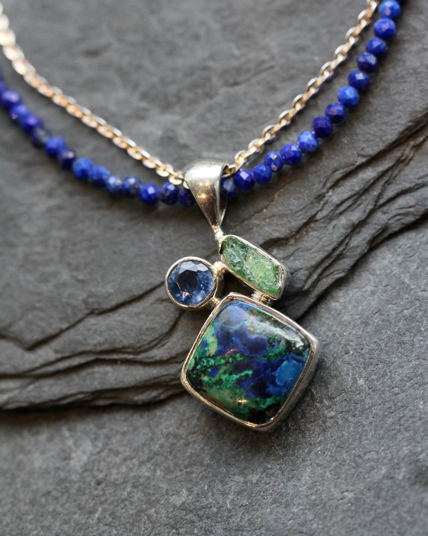 Azurite Malachite Lapis Beaded Layered Necklace