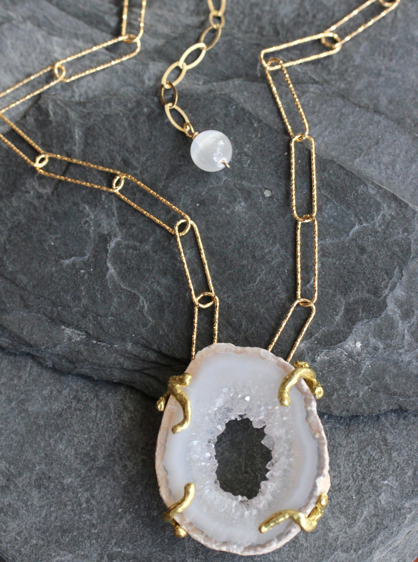 White Agate Gold Paperclip Chain Necklace