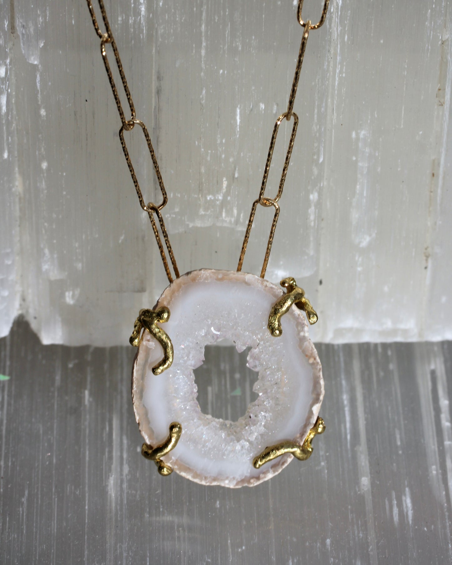 White Agate Gold Paperclip Chain Necklace