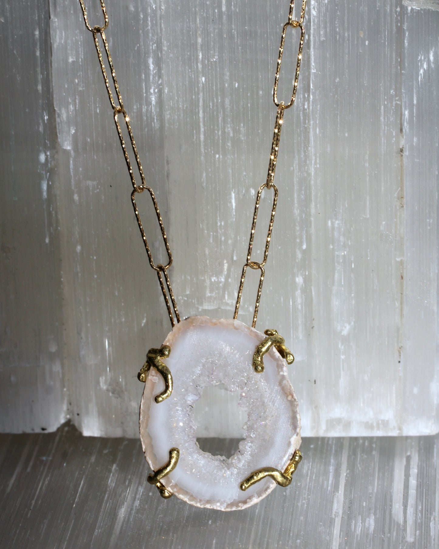 White Agate Gold Paperclip Chain Necklace