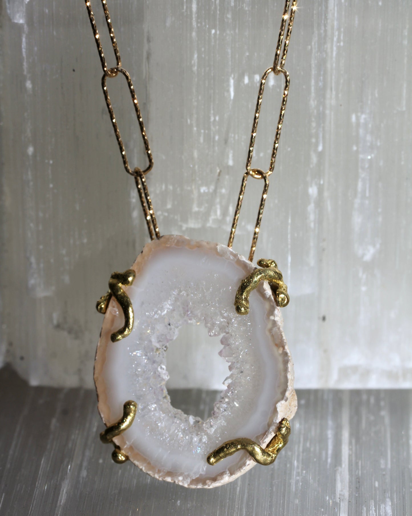 White Agate Gold Paperclip Chain Necklace
