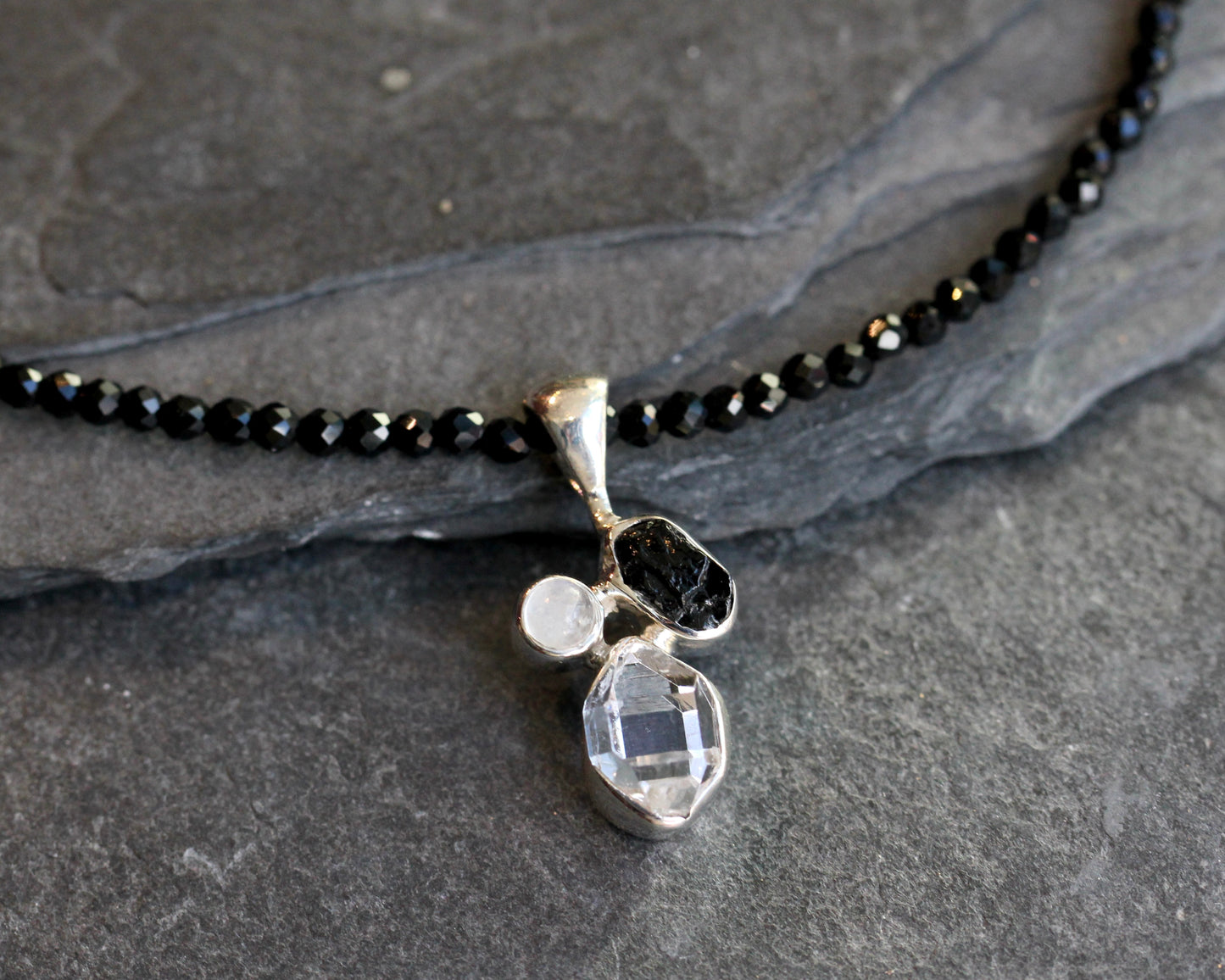Herkimer Diamond Black Spinel Beaded Necklace