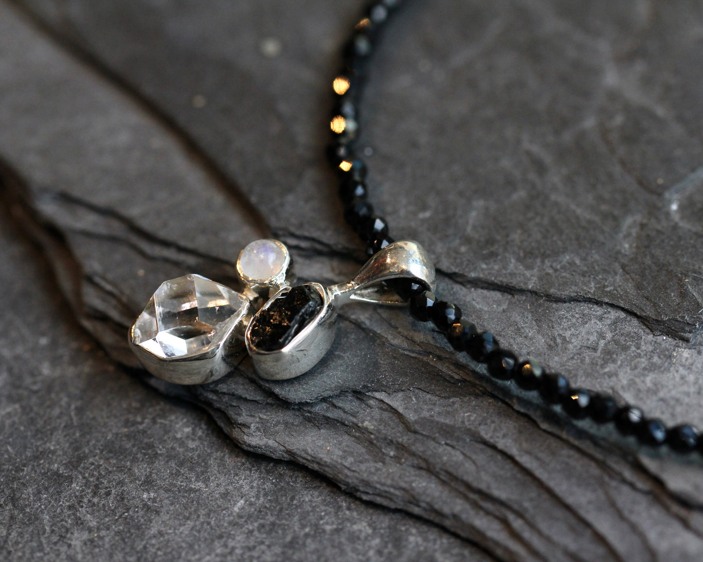Herkimer Diamond Black Spinel Beaded Necklace
