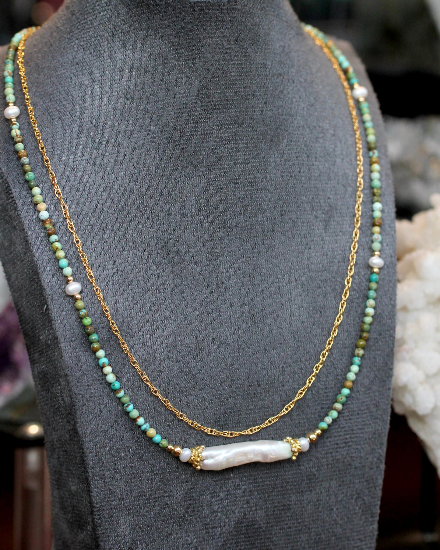 Freshwater Pearl Turquoise Gold Layered Choker