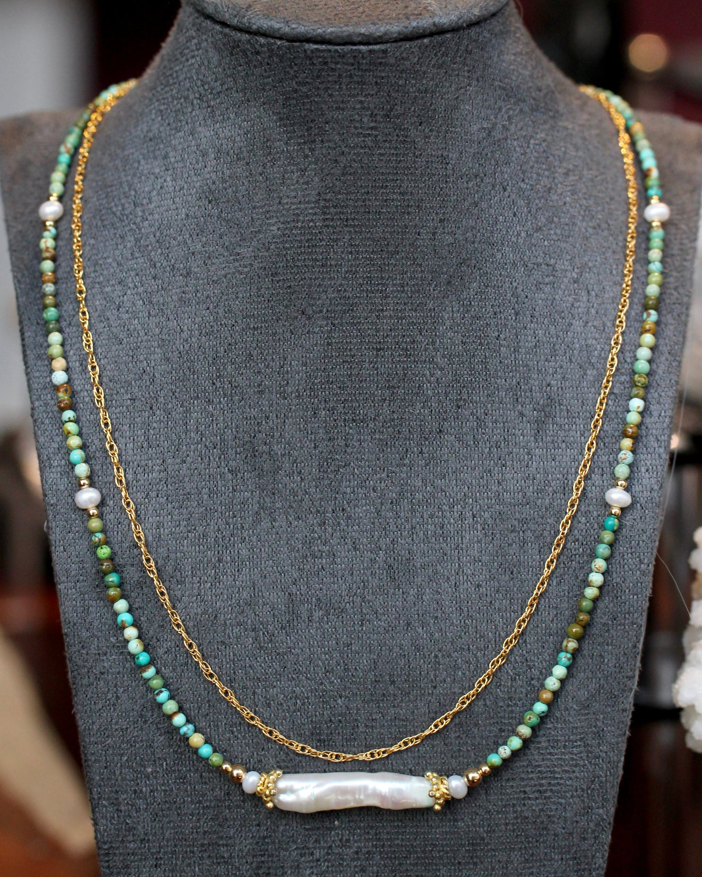 Freshwater Pearl Turquoise Gold Layered Choker