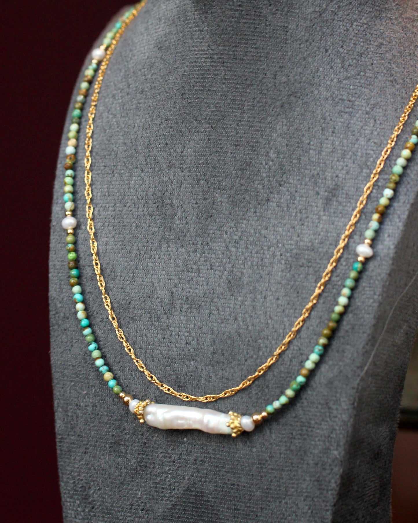 Freshwater Pearl Turquoise Gold Layered Choker