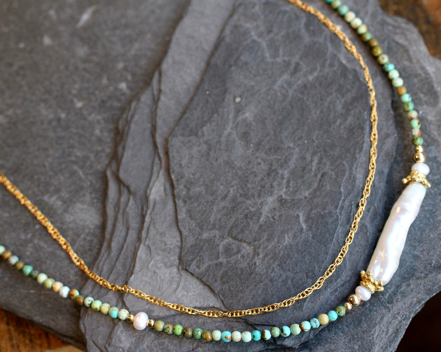 Freshwater Pearl Turquoise Gold Layered Choker