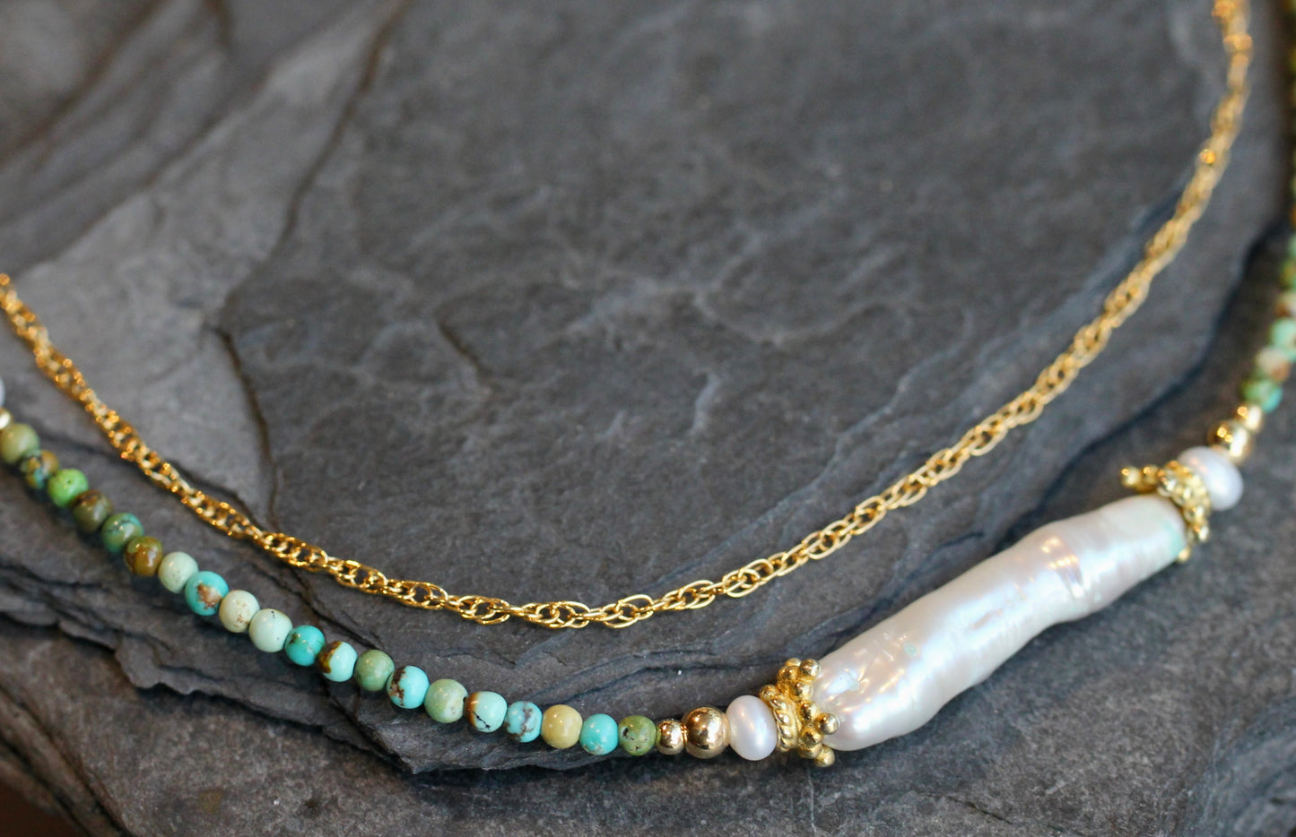 Freshwater Pearl Turquoise Gold Layered Choker