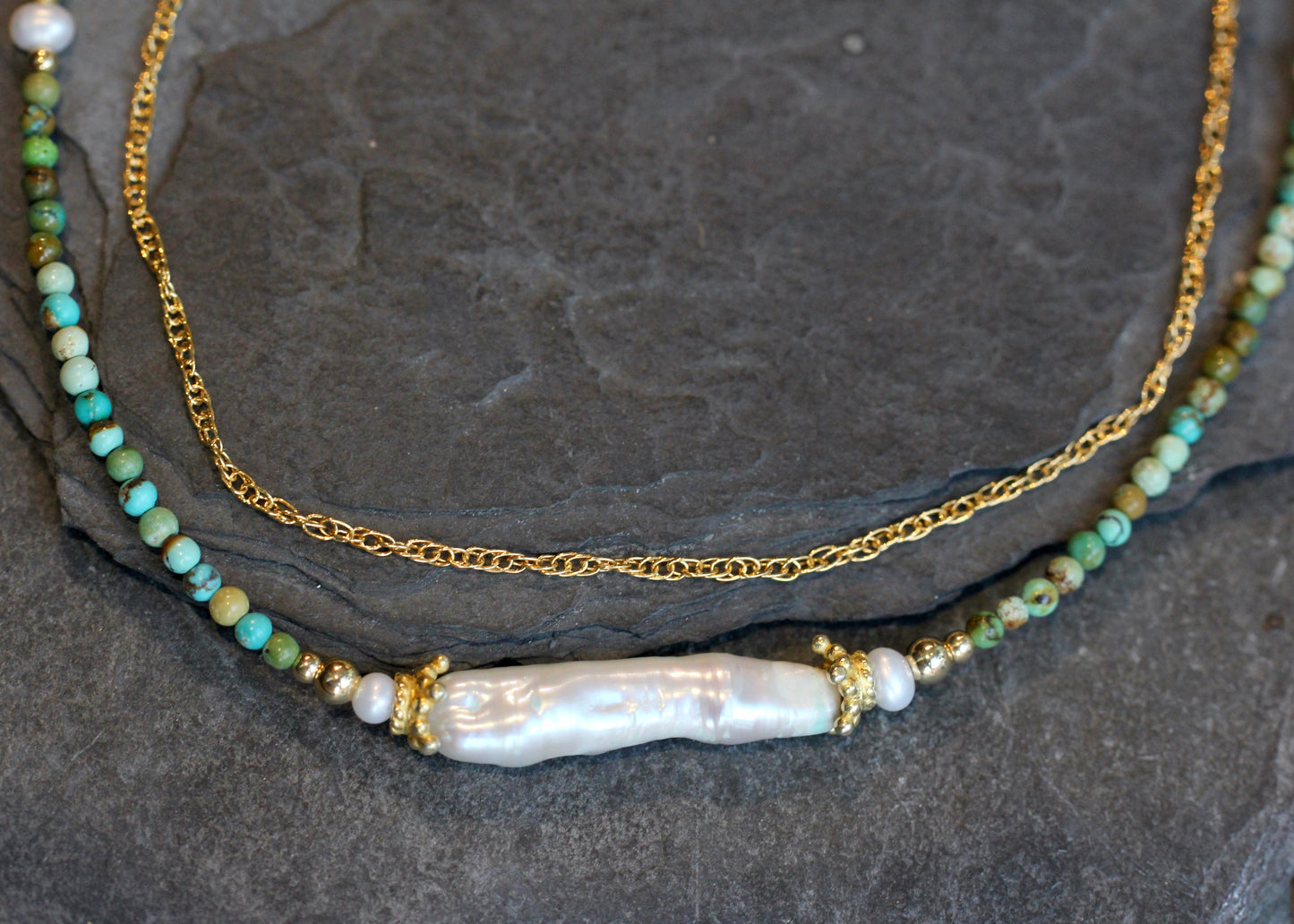 Freshwater Pearl Turquoise Gold Layered Choker