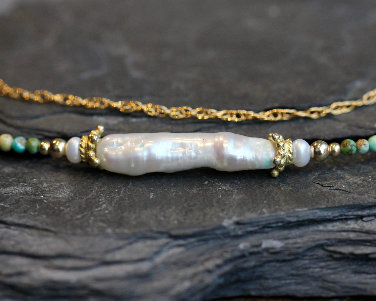 Freshwater Pearl Turquoise Gold Layered Choker