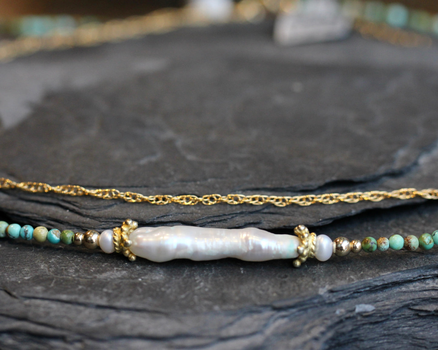 Freshwater Pearl Turquoise Gold Layered Choker