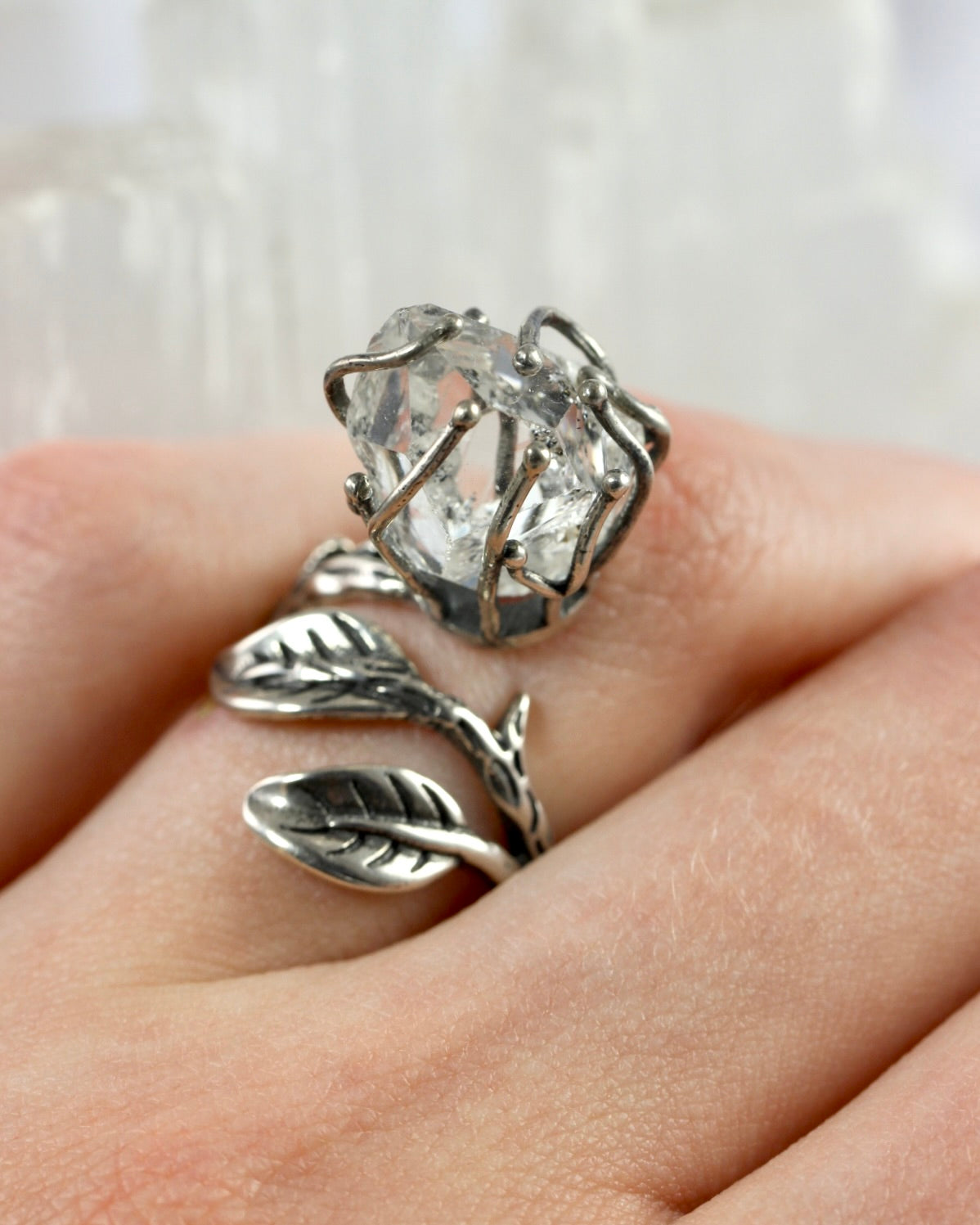 Dramatic Herkimer Diamond Silver Vine Ring