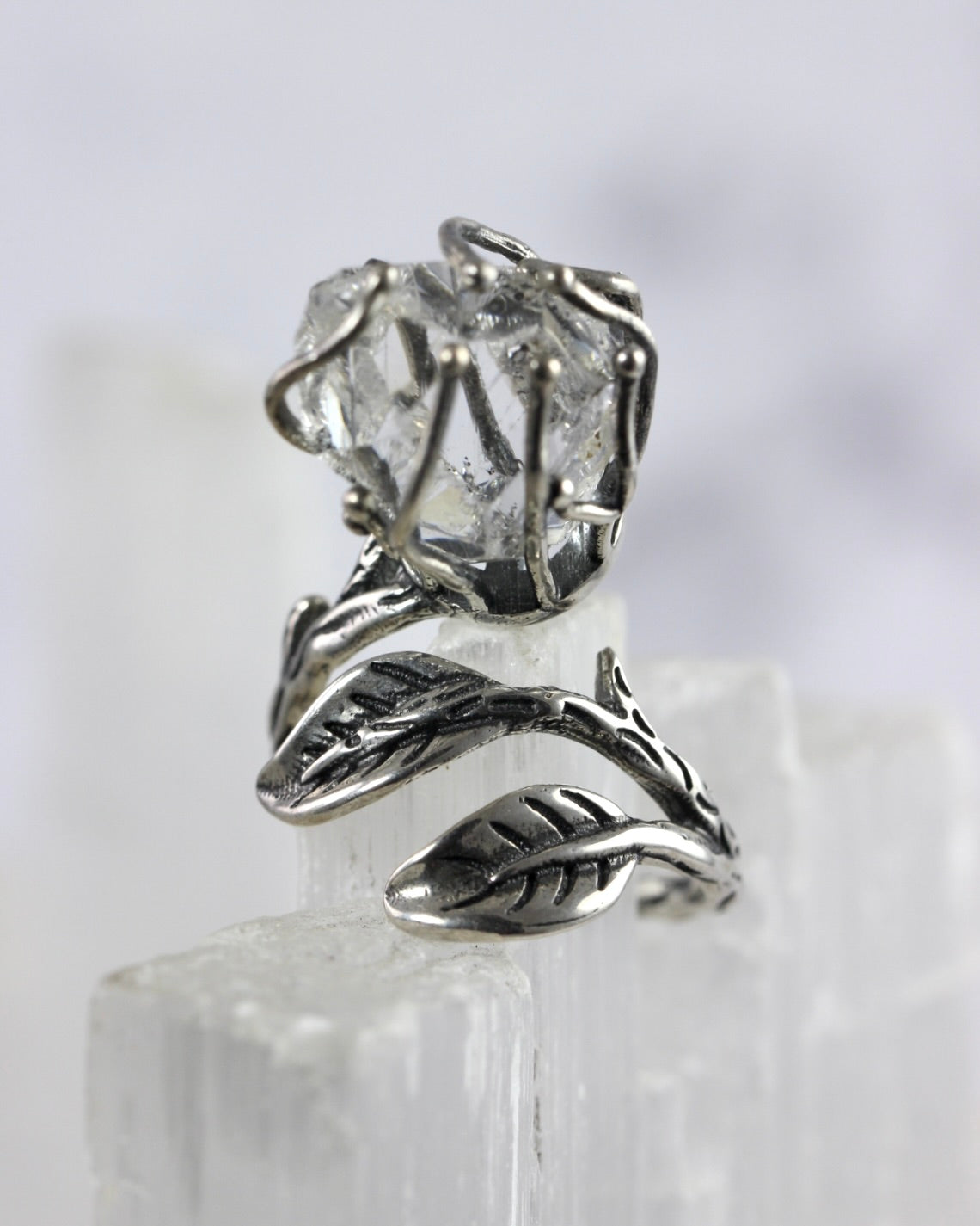 Dramatic Herkimer Diamond Silver Vine Ring