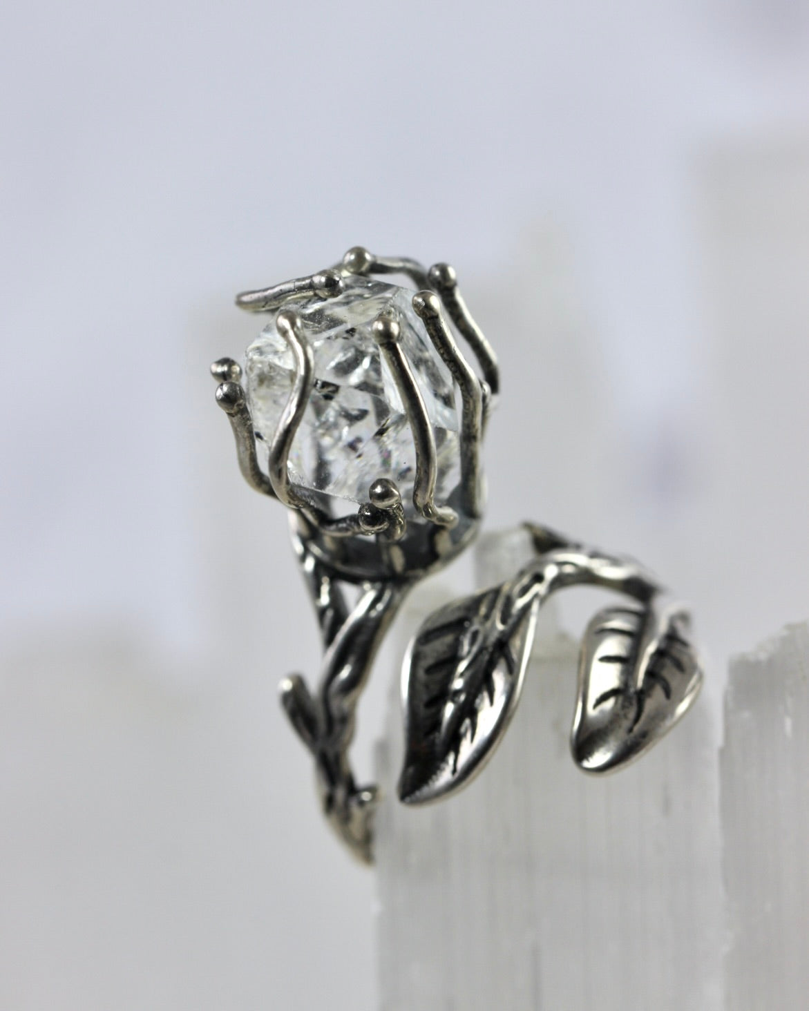 Dramatic Herkimer Diamond Silver Vine Ring